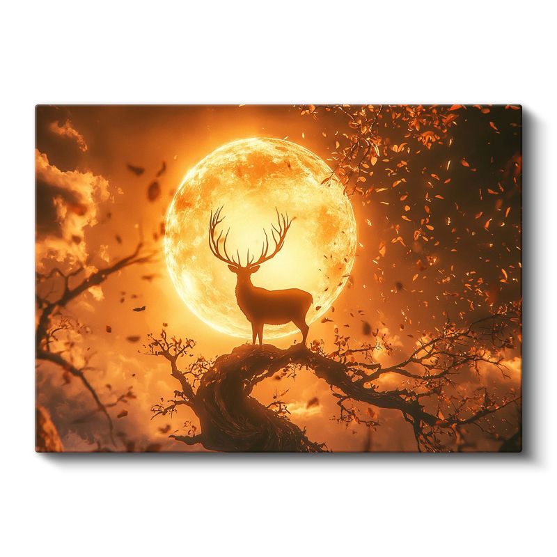 Geyik Silueti - Ateşin Dansında Yükselen Boynuzlar Kanvas Tablo