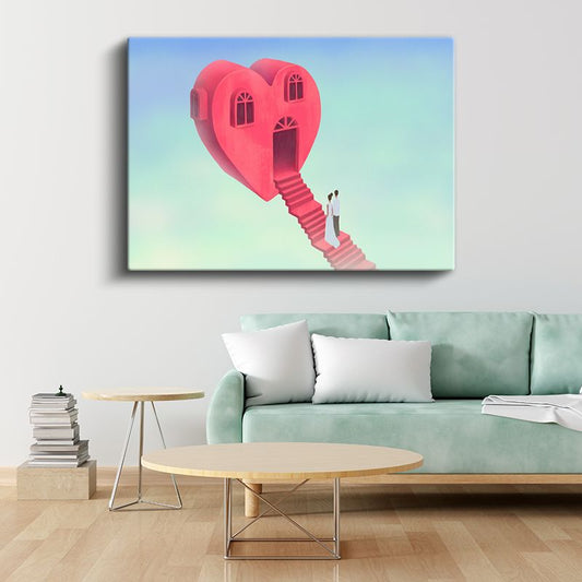 Aşk Evi - Kalbin Kapısına Uzanan Pembe Merdiven Kanvas Tablo