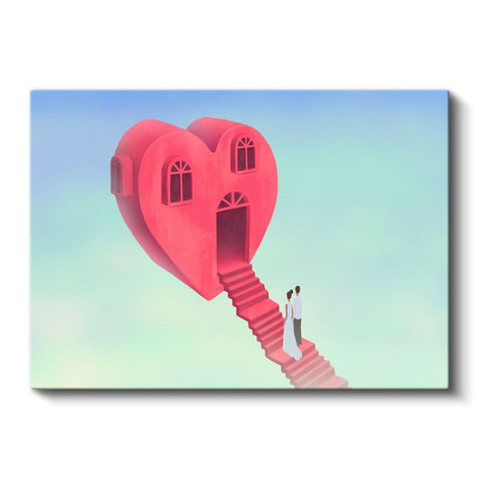 Aşk Evi - Kalbin Kapısına Uzanan Pembe Merdiven Kanvas Tablo