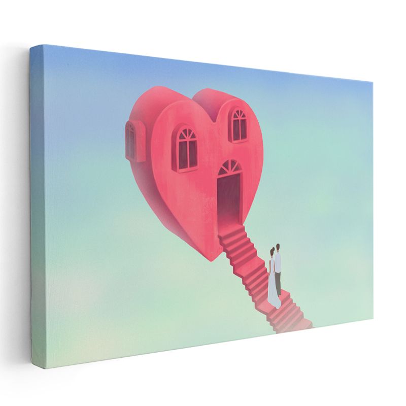 Aşk Evi - Kalbin Kapısına Uzanan Pembe Merdiven Kanvas Tablo