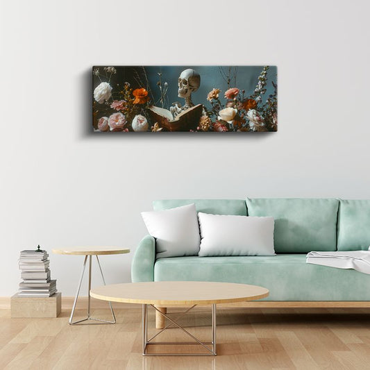 Ölümsüz Okuyucu - Çiçekler Arasında Bilgelik Arayan İskelet Kanvas Tablo