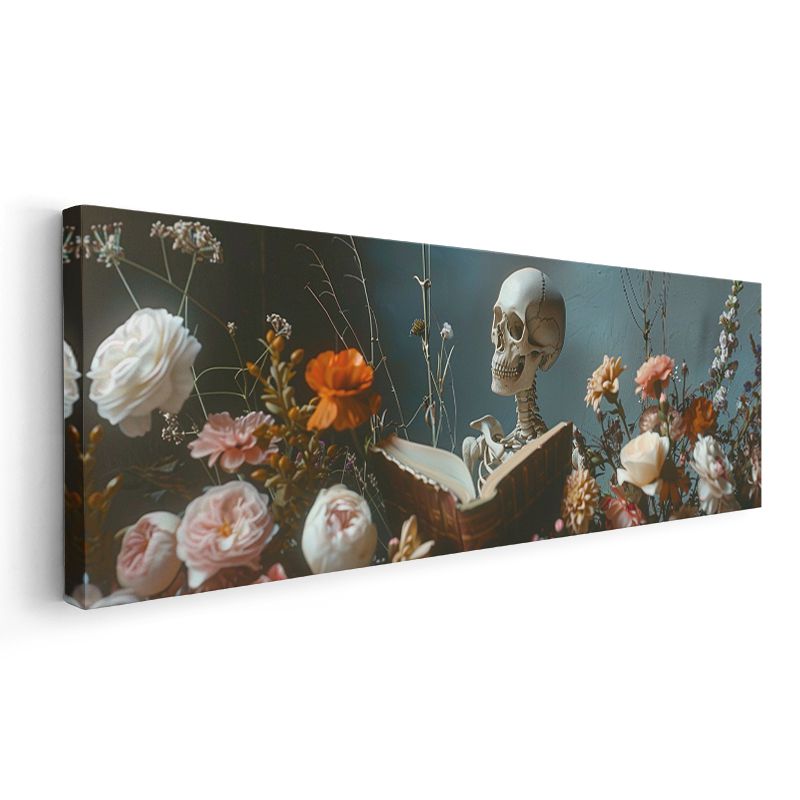Ölümsüz Okuyucu - Çiçekler Arasında Bilgelik Arayan İskelet Kanvas Tablo