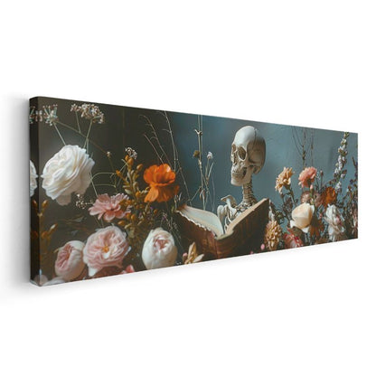 Ölümsüz Okuyucu - Çiçekler Arasında Bilgelik Arayan İskelet Kanvas Tablo