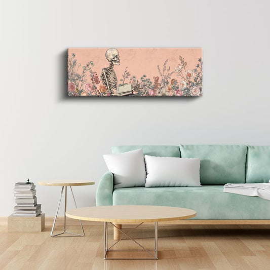 Pembe Ölümsüzlük - Çiçekler Arasında Bilgelik Arayan İskelet Kanvas Tablo