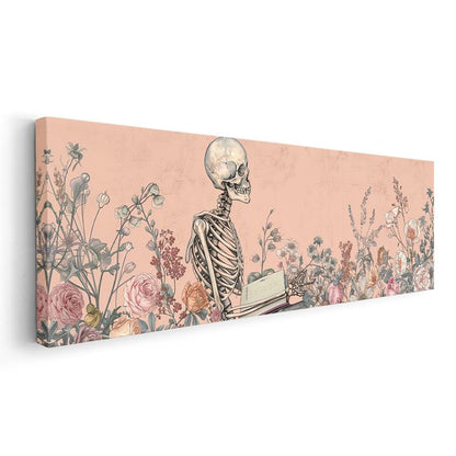 Pembe Ölümsüzlük - Çiçekler Arasında Bilgelik Arayan İskelet Kanvas Tablo