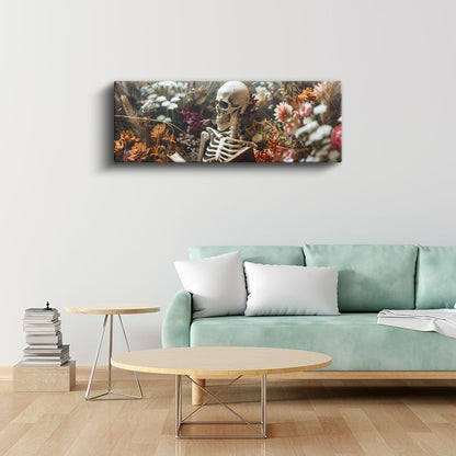 Sonbahar Anıları - Kurumuş Çiçekler Arasında Sonsuzluğa Bakan İskelet Kanvas Tablo