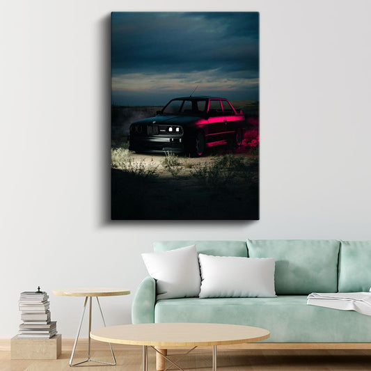 BMW E30 - Neon Işıklı Klasik Sedan Kanvas Tablo