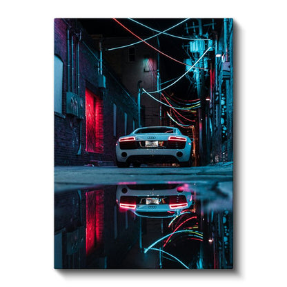 Audi R8 - Gece Sokağında Neon Işıkları Altında Lüks Spor Otomobil Kanvas Tablo