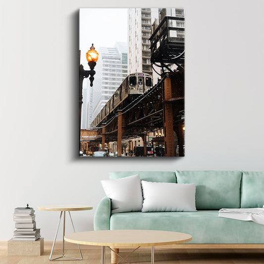 Chicago Metrosu - Şehir Manzarasında Nostaljik Raylı Sistem Kanvas Tablo