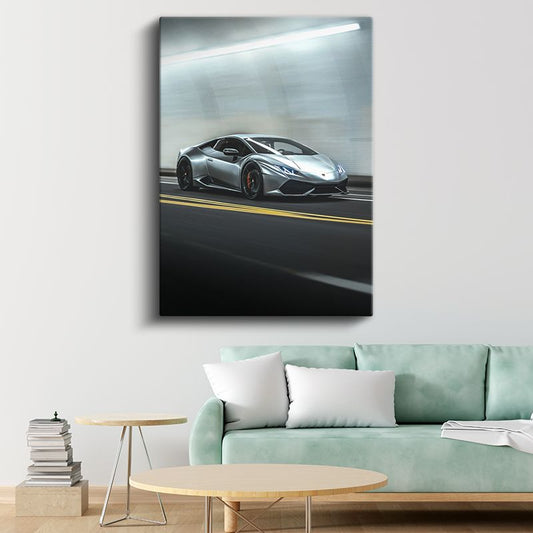 Lamborghini Huracan - Gümüş Süper Otomobil Dinamizmi Kanvas Tablo