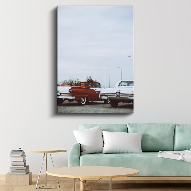 Klasik Amerikan Otomobilleri - Nostaljik Kırmızı Beyaz İkili Kanvas Tablo