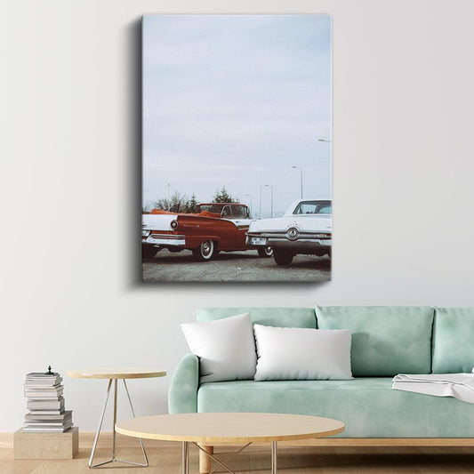 Klasik Amerikan Otomobilleri - Nostaljik Kırmızı Beyaz İkili Kanvas Tablo