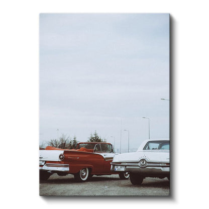 Klasik Amerikan Otomobilleri - Nostaljik Kırmızı Beyaz İkili Kanvas Tablo