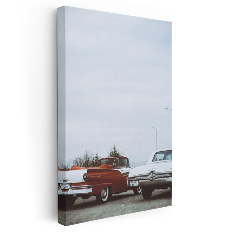 Klasik Amerikan Otomobilleri - Nostaljik Kırmızı Beyaz İkili Kanvas Tablo