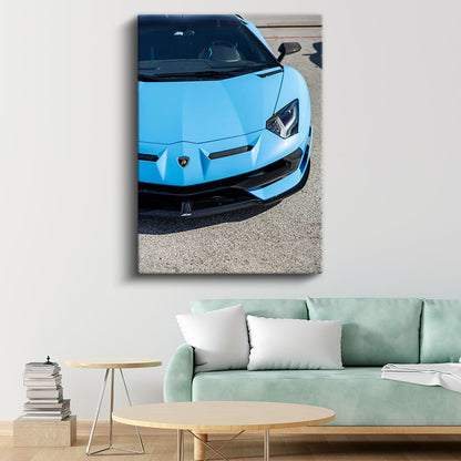 Lamborghini Aventador - Mavi Süper Spor Otomobil Ön Tasarım Kanvas Tablo