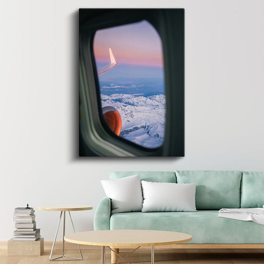 Uçak Yolculuğu - Pencereden Karlı Dağ Manzarası Kanvas Tablo