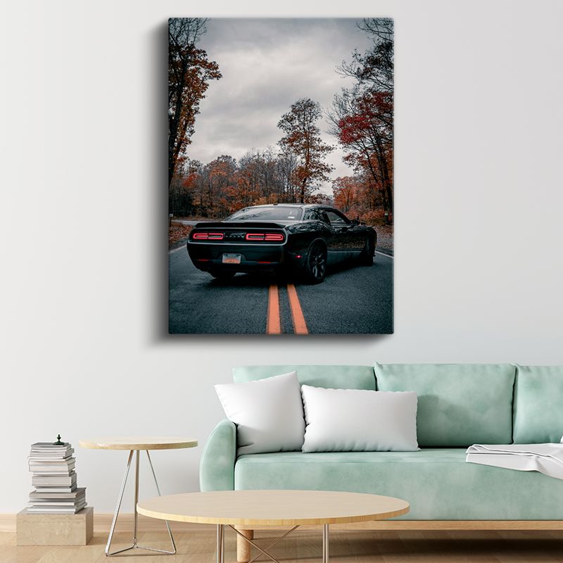 Dodge Challenger - Sonbahar Yolunda Siyah Amerikan Kas Arabası Kanvas Tablo