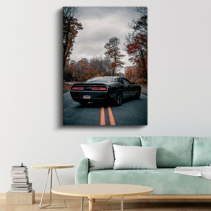 Dodge Challenger - Sonbahar Yolunda Siyah Amerikan Kas Arabası Kanvas Tablo
