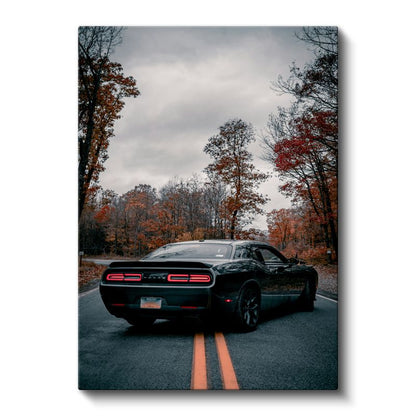 Dodge Challenger - Sonbahar Yolunda Siyah Amerikan Kas Arabası Kanvas Tablo