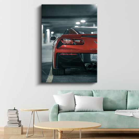 Chevrolet Corvette - Kırmızı Spor Otomobil Arka Görünüm Kanvas Tablo