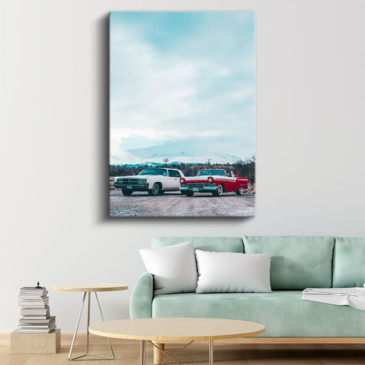 Klasik Amerikan Arabaları - İkili Retro Otomobil Kanvas Tablo