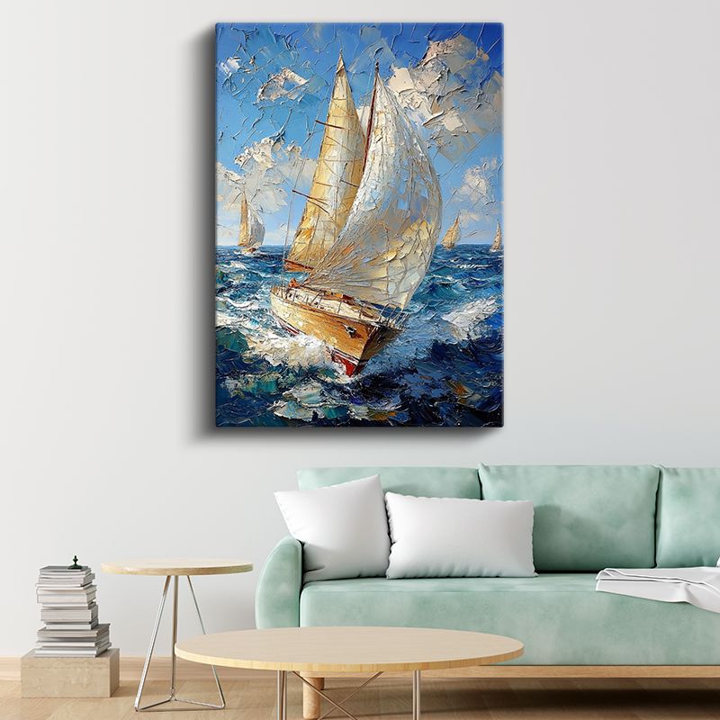 Yelkenli Tekne - Mavi Denizde Beyaz Yelkenli Kanvas Tablo