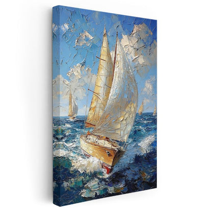 Yelkenli Tekne - Mavi Denizde Beyaz Yelkenli Kanvas Tablo