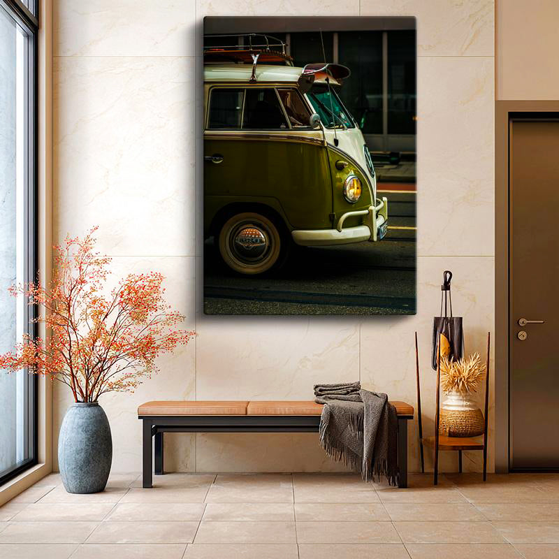 Dikey Kanvas Tablo Yeşil Beyaz Volkswagen T1 Minibüs Ön Görünüm Volkswagen Tablosu Ev Ofis Dekoru