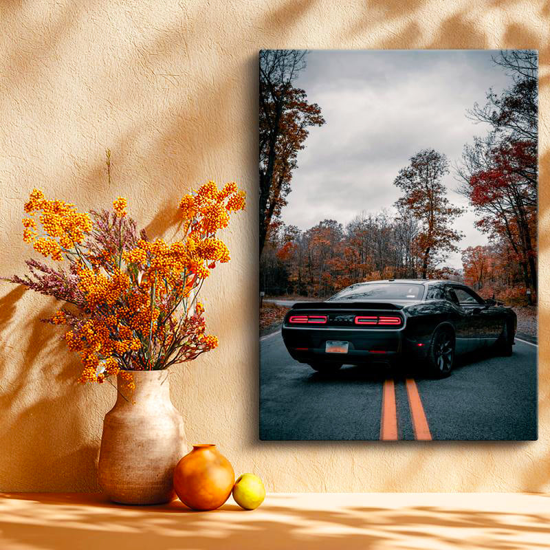 Dikey Kanvas Tablo Sonbahar Manzaralı Dodge Challenger Arka Görünüm Dodge Tablosu Ev Ofis Dekoru