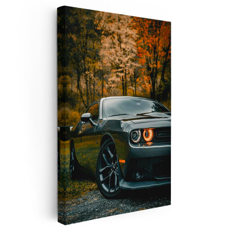 Dikey Kanvas Tablo Sonbahar Ormanında Dodge Challenger Araba Tablosu Ev Ofis Duvar Dekoru