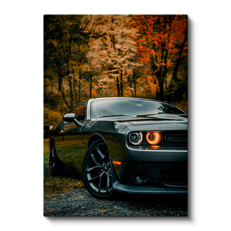 Dikey Kanvas Tablo Sonbahar Ormanında Dodge Challenger Araba Tablosu Ev Ofis Duvar Dekoru