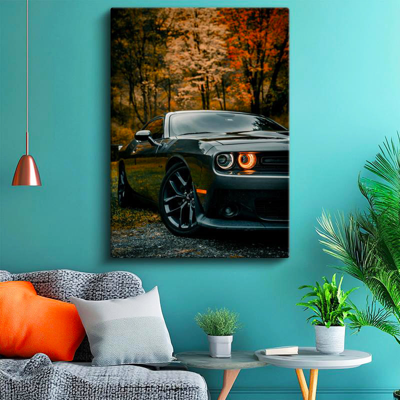 Dikey Kanvas Tablo Sonbahar Ormanında Dodge Challenger Araba Tablosu Ev Ofis Duvar Dekoru