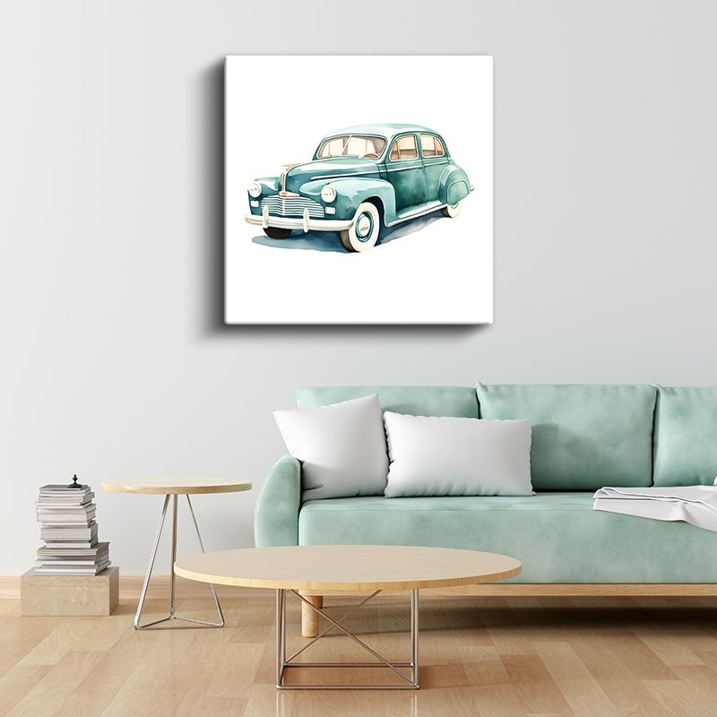 Klasik Amerikan Sedan - Turkuaz Suluboya Tasarım Kanvas Tablo