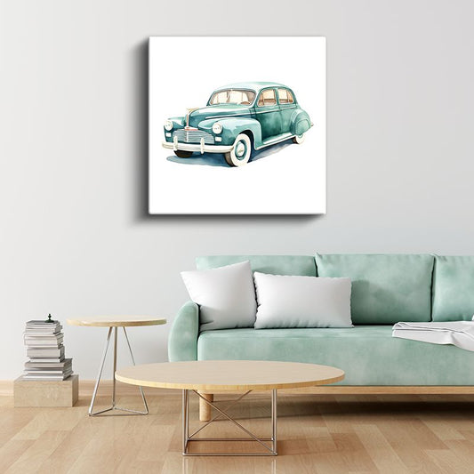 Klasik Amerikan Sedan - Turkuaz Suluboya Tasarım Kanvas Tablo