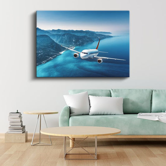 Yolcu Uçağı - Mavi Deniz Üzerinde Seyahat Kanvas Tablo