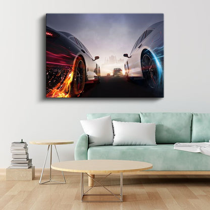Yarış Arabaları - Işık Efektli Hız Düellosu Kanvas Tablo