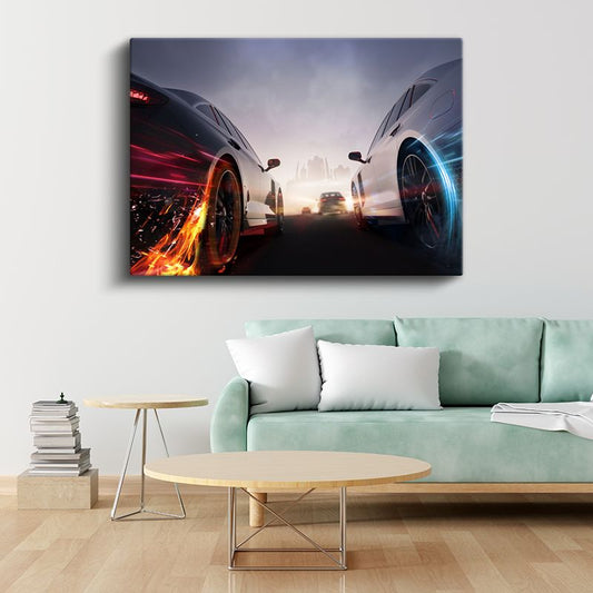 Yarış Arabaları - Işık Efektli Hız Düellosu Kanvas Tablo