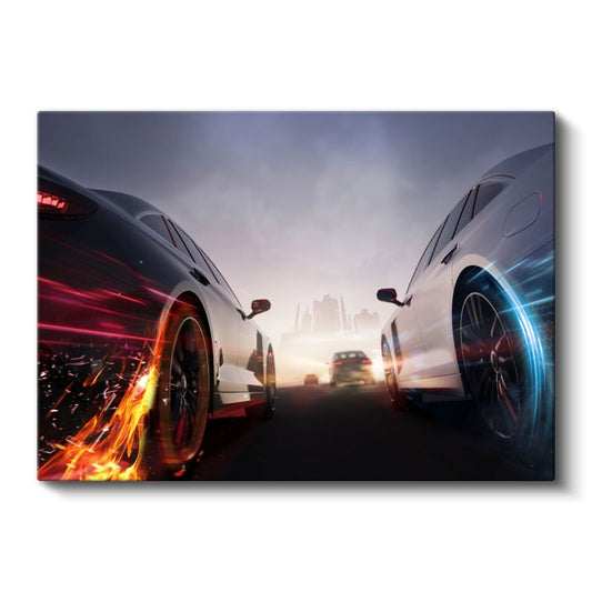 Yarış Arabaları - Işık Efektli Hız Düellosu Kanvas Tablo