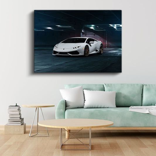Lamborghini Huracan - Beyaz Süper Otomobil Garaj Kanvas Tablo