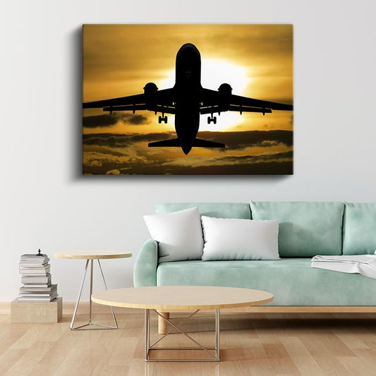 Yolcu Uçağı - Gün Batımında Siluet Kanvas Tablo