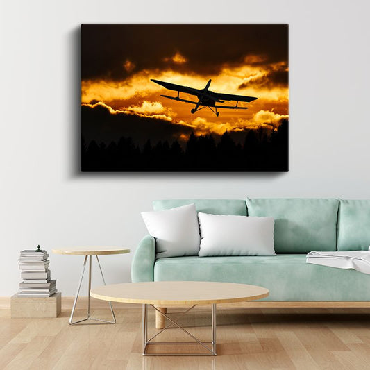 Çift Kanatlı Uçak - Altın Gökyüzünde Silüet Kanvas Tablo