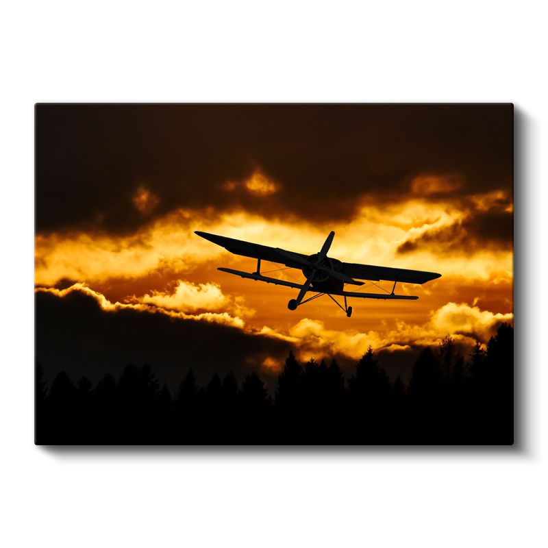 Çift Kanatlı Uçak - Altın Gökyüzünde Silüet Kanvas Tablo
