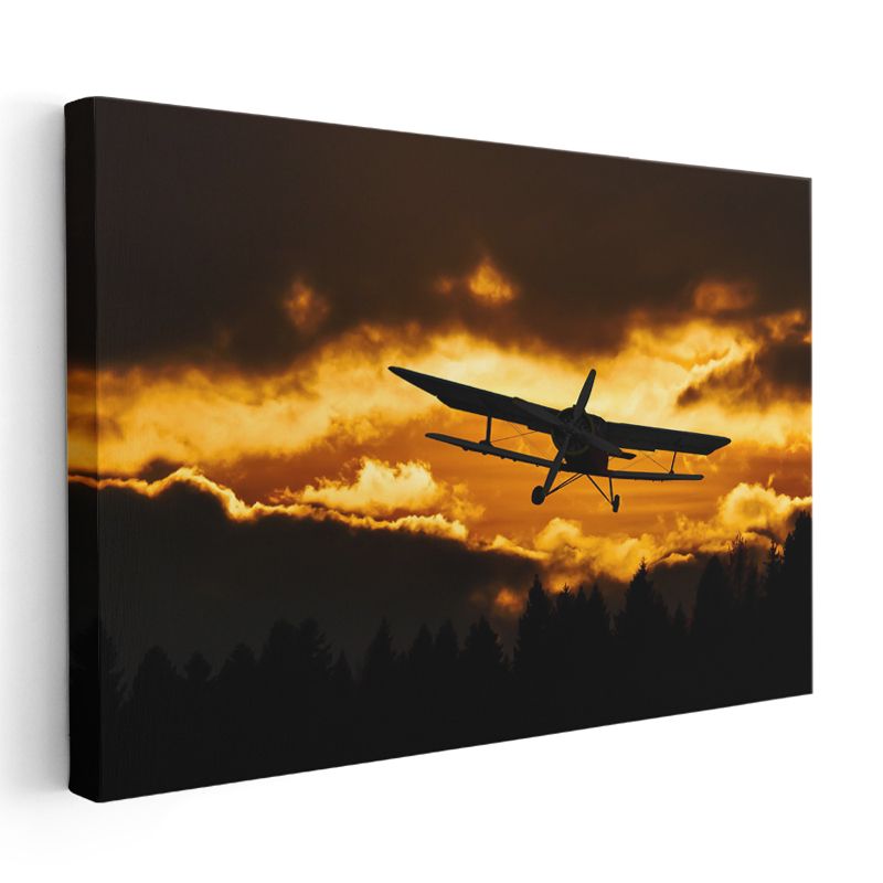 Çift Kanatlı Uçak - Altın Gökyüzünde Silüet Kanvas Tablo