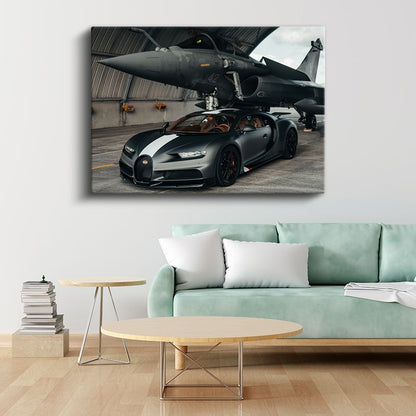 Bugatti Chiron Sport - Savaş Uçağı Yanında Mat Gri Hipercar Kanvas Tablo