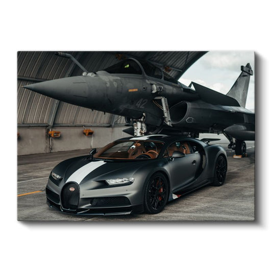 Bugatti Chiron Sport - Savaş Uçağı Yanında Mat Gri Hipercar Kanvas Tablo