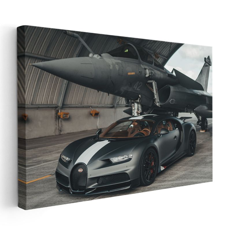 Bugatti Chiron Sport - Savaş Uçağı Yanında Mat Gri Hipercar Kanvas Tablo