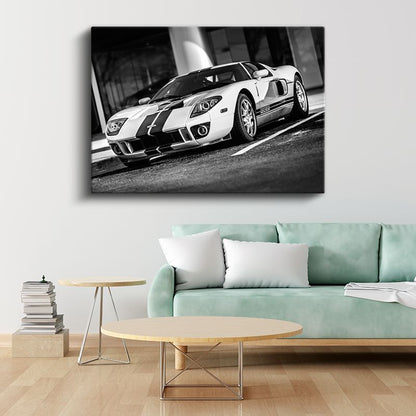 Ford GT - Siyah Beyaz Çizgili Amerikan Spor Otomobili Kanvas Tablo