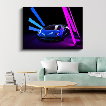 Lamborghini Aventador - Neon Işıklar Altında Mavi Süper Spor Kanvas Tablo