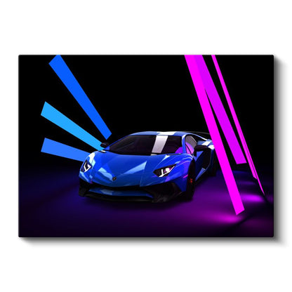 Lamborghini Aventador - Neon Işıklar Altında Mavi Süper Spor Kanvas Tablo