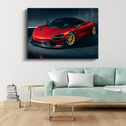 McLaren 720S - Kırmızı Gövde ve Altın Jantlı Süper Otomobil Kanvas Tablo